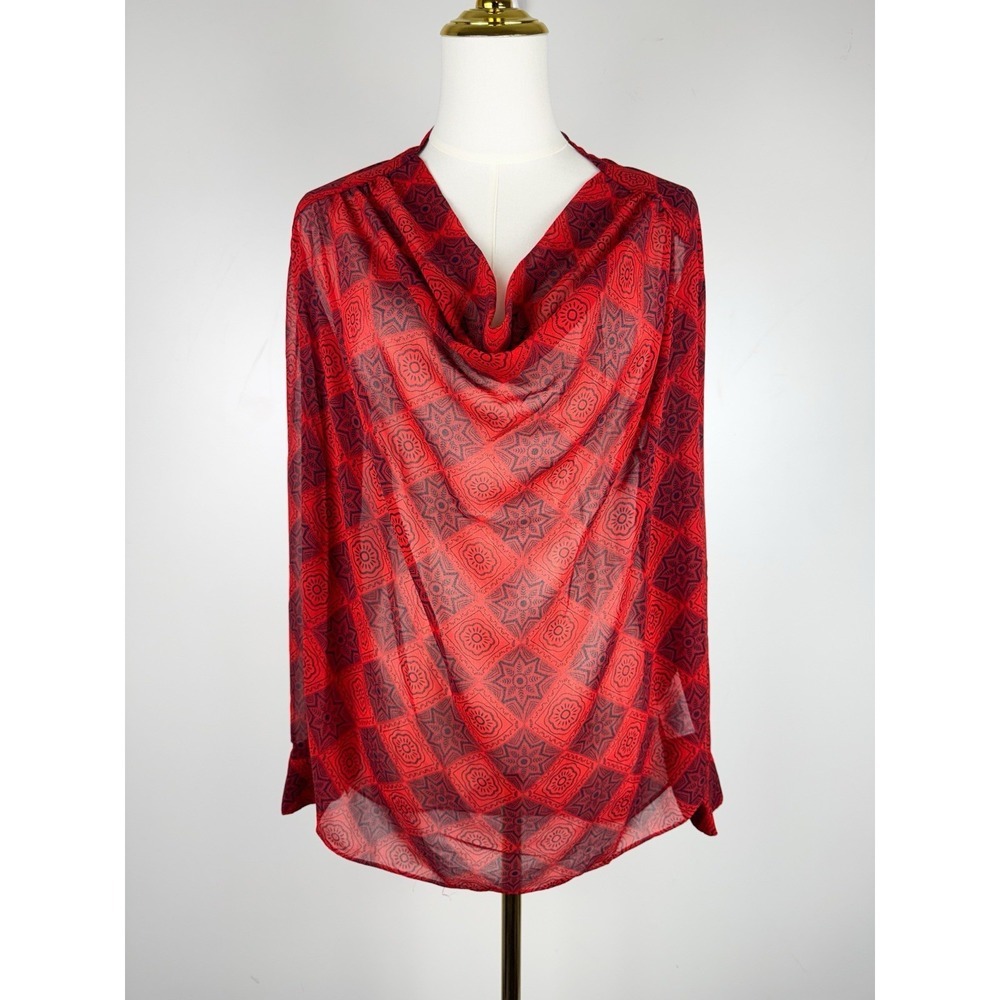 CAbi Small Red Paisley Tile Geo Print Cowl Neck Top Long Sleeve Boho Career S